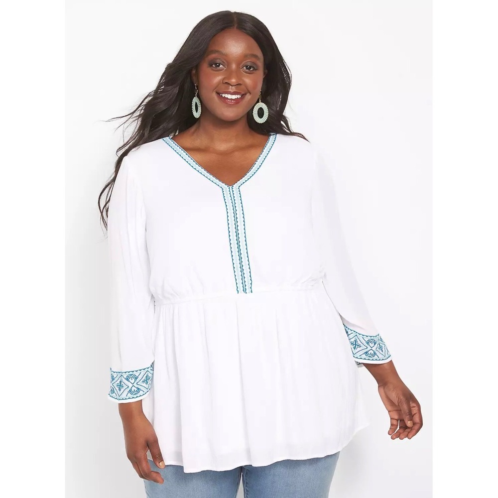 Lane Bryant Women White Embroidered Empire Waist Tunic Top Size 16 Boho Peasant